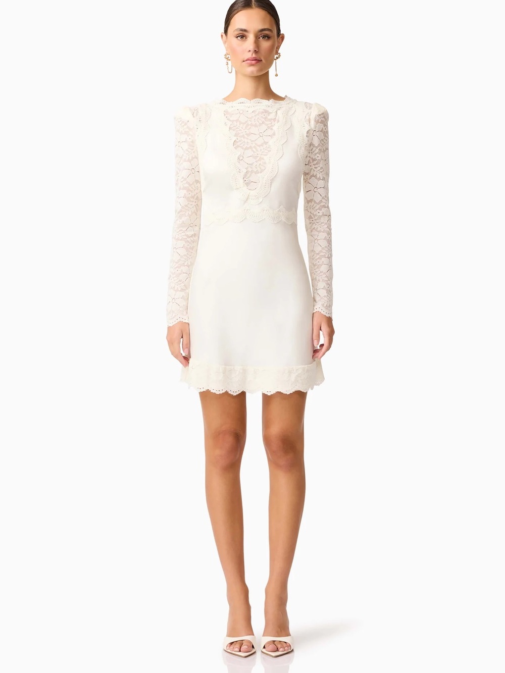 Elliatt Ivory Lace Long-Sleeve Mini Dress -XXS